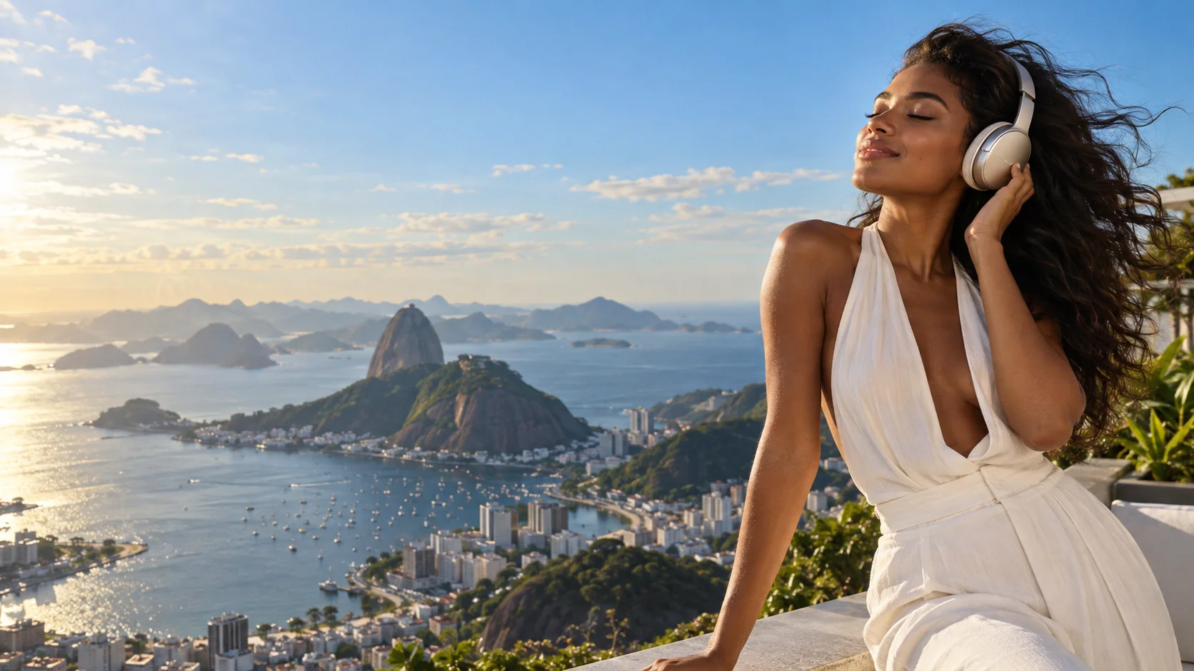 Mulher ouvindo música com o Rio de Janeiro e o Pão de Açúcar ao fundo; fotografia ilustrativa criada com IA